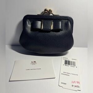 Coach Bow Leather Kisslock Coin Purse navy/gold with gift box NWT